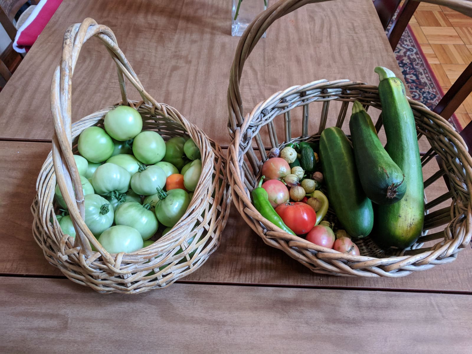 The week's harvest arranged on the table. July 2018.