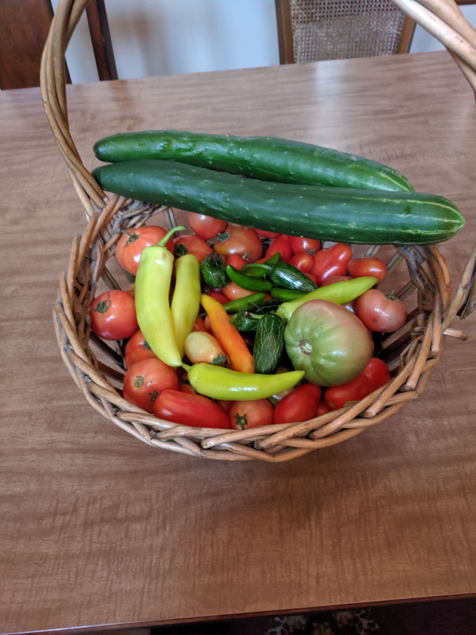 The week's harvest arranged on the table. September 2019.