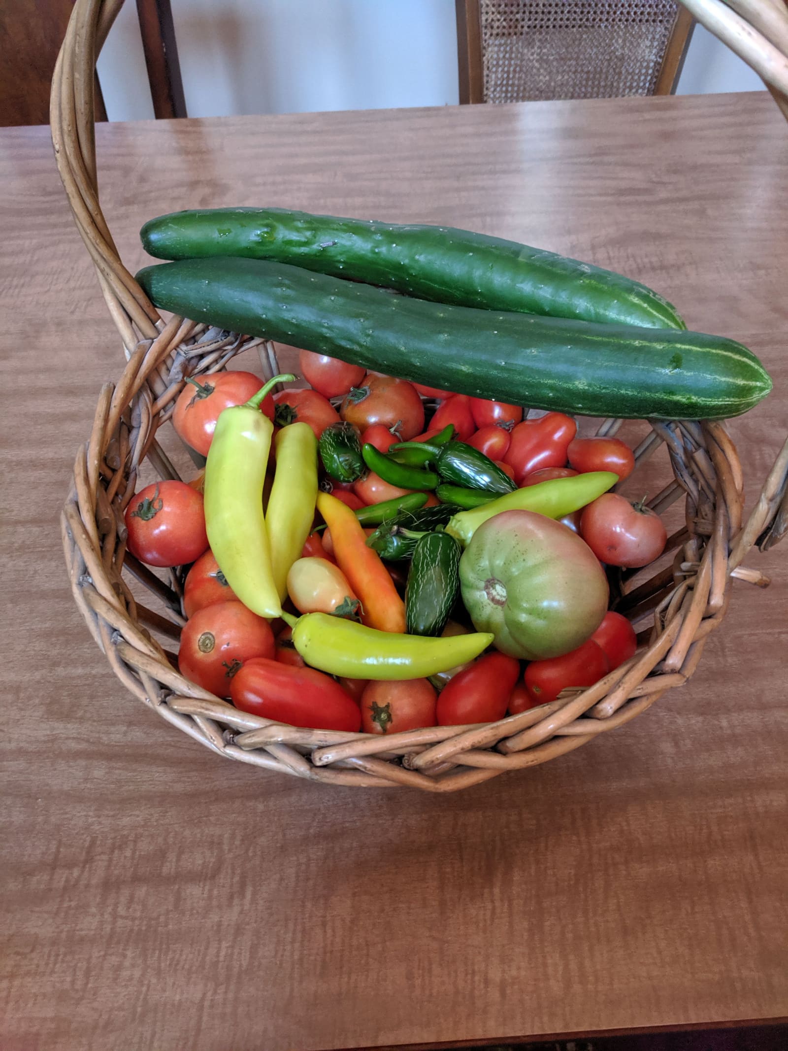 The week's harvest arranged on the table. September 2019.
