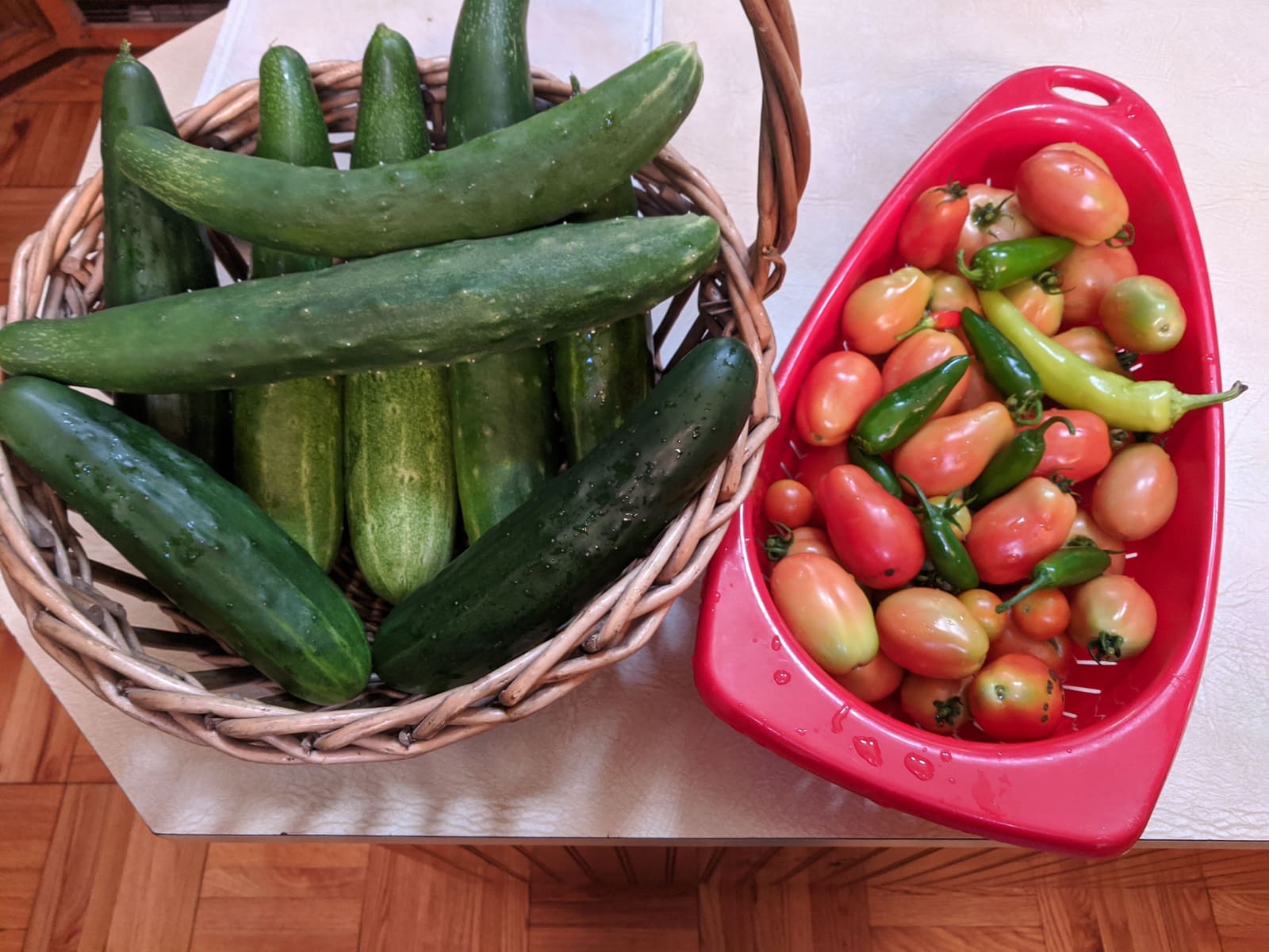 The week's harvest arranged on the table. August 2020.