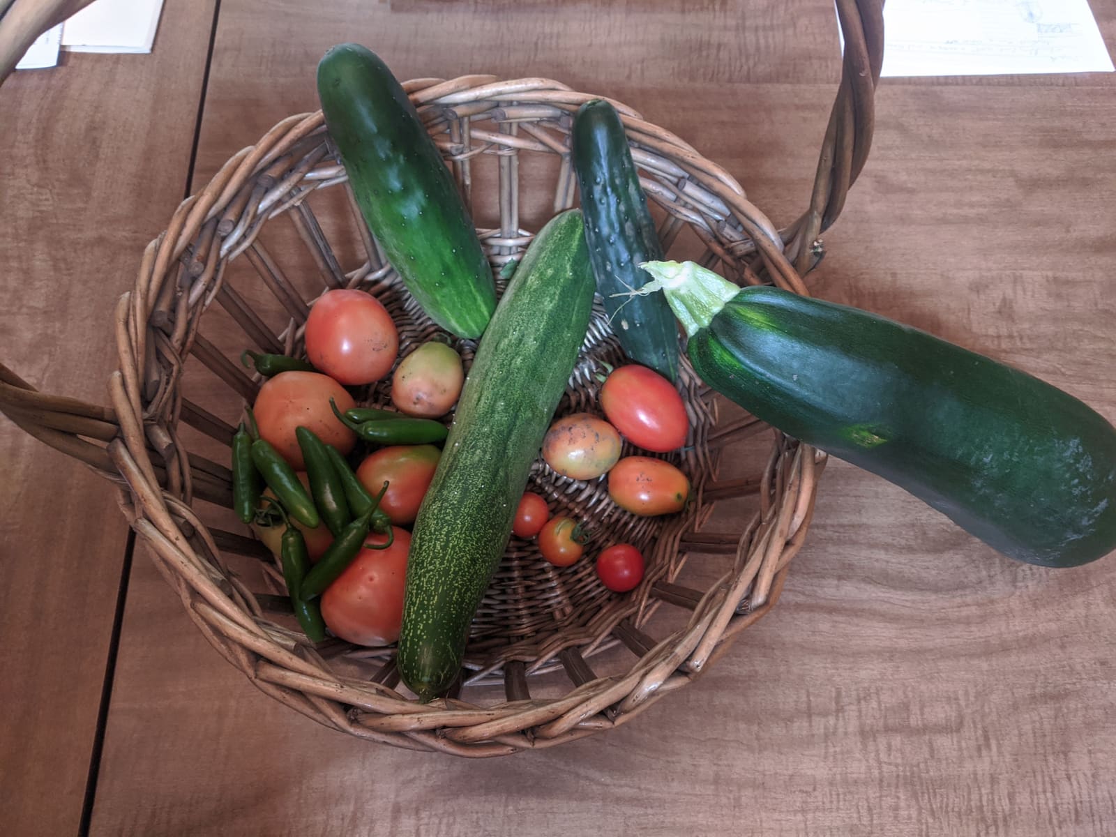 The week's harvest arranged on the table. August 2020.