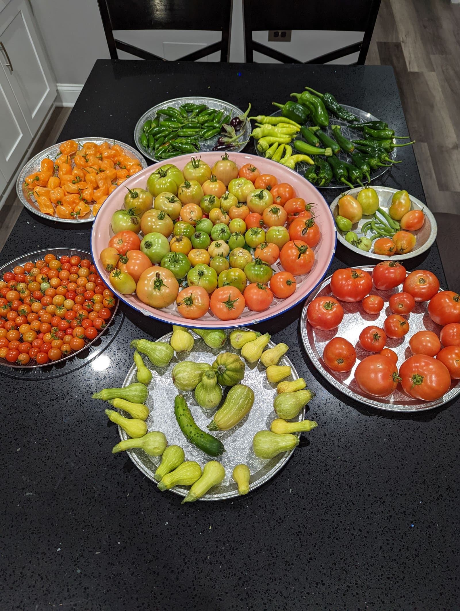 The week's harvest arranged on the table. October 2022.