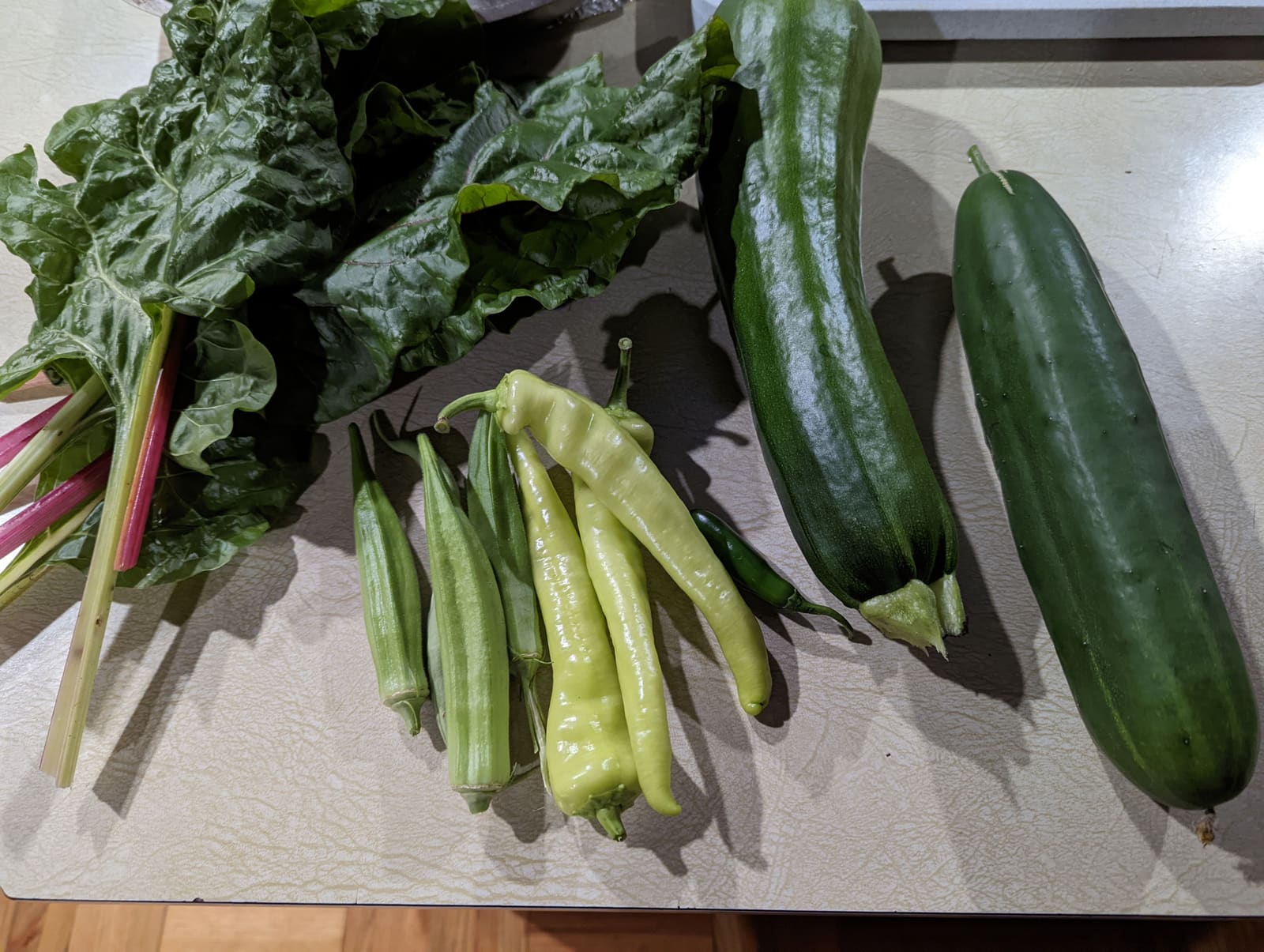 The week's harvest arranged on the table. July 2022.