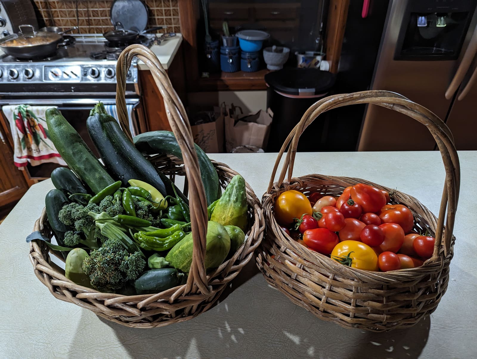 The week's harvest arranged on the table. August 2023.
