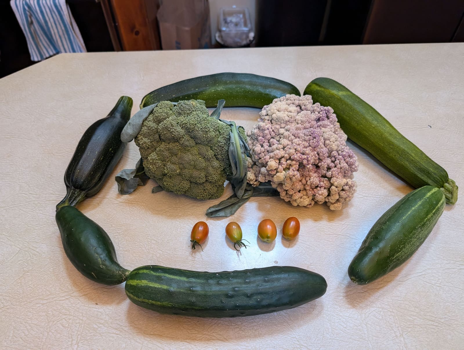 The week's harvest arranged on the table. July 2024.